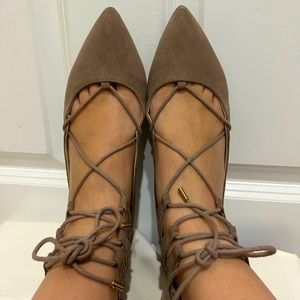 Beige Suede Lace-up Flats